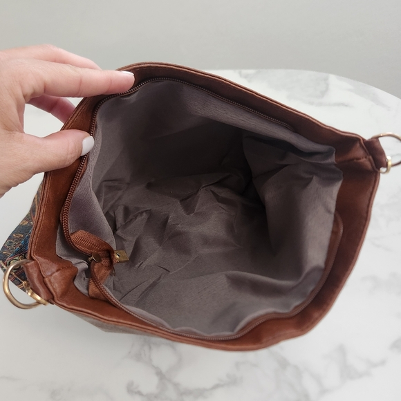 Unisex Dark Brown Tote Bag With Patterned Boho Strap - Picture 8 of 13